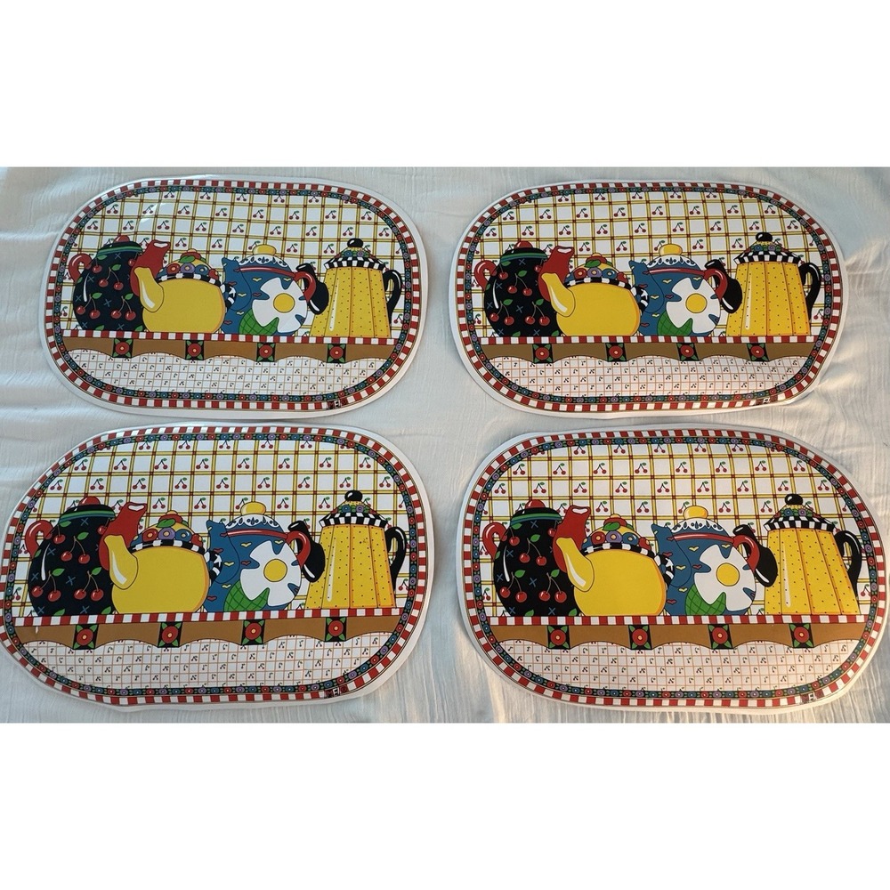 Set Of 4 At Home With Mary Engelbriet Laminate Placemats 17" X 12" Whimsical Tea